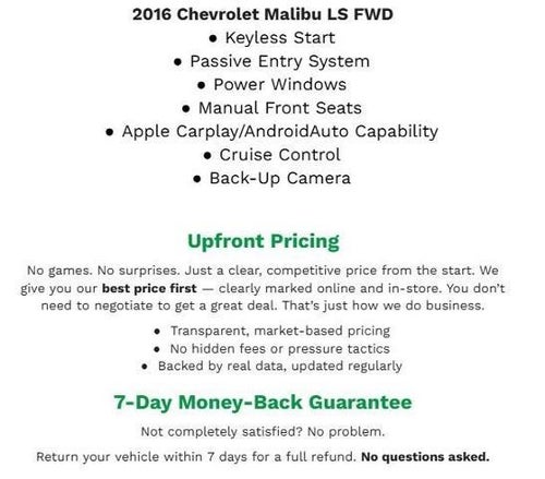 2016 Chevrolet Malibu 4DR SDN LS W/1LS **APPLE CARPLAY/ANDROID AUTO**REMOTE KEYLESS ENTRY**BACK-UP CAMERA**