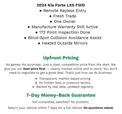2024 Kia Forte LXS IVT **REMOTE KEYLESS ENTRY**BLIND SPOT COLLISION AVOIDANCE ASSIST**HEATED SIDE MIRRORS**